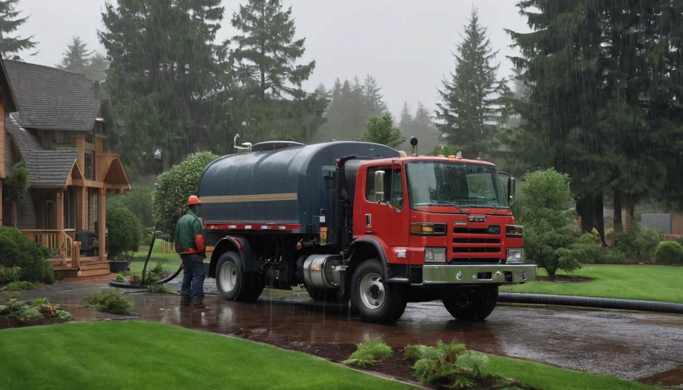 Septic provider pumping a residential tank beside a wood-frame home in the Bremerton area on a damp, green day