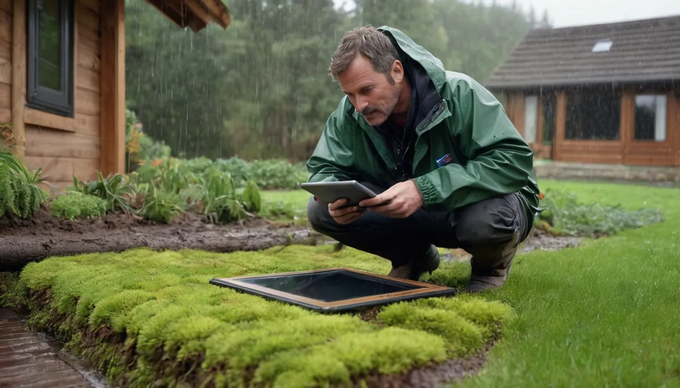 Local sewer line provider reviewing a camera inspection screen beside an open yard trench near Bremerton